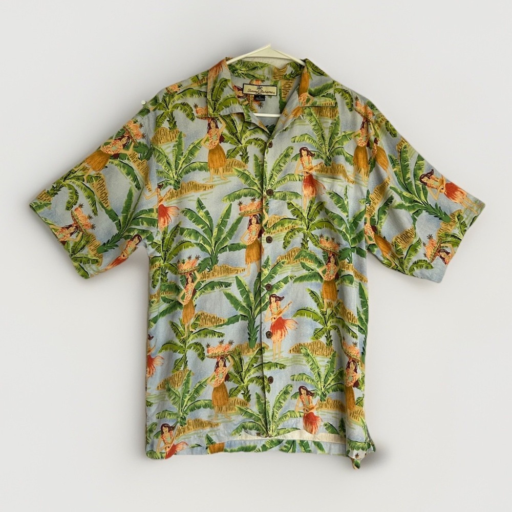 Tommy Bahama Shirt Men's S - 100% Silk Hawaiian Button-Up Luau Hula Girl Resort